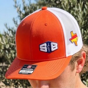 Richardson 112 Trucker Hat S&B Texas Patch Bryan Mound Orange White Snapback Cap